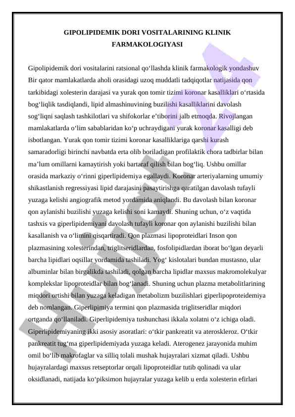 Gipolipidemik dori vositalarining klinik farmakologiyasi