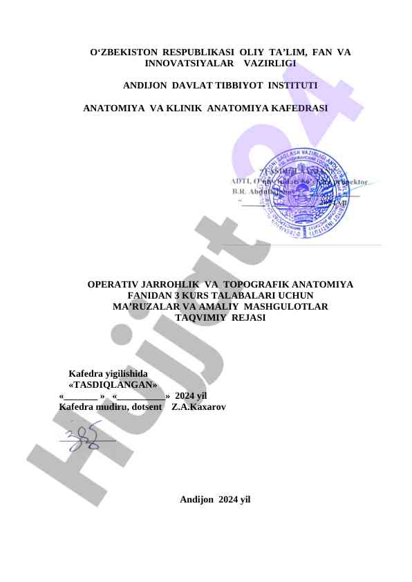 Operativ jarrohlik va topografik anatomiyaning rejasi