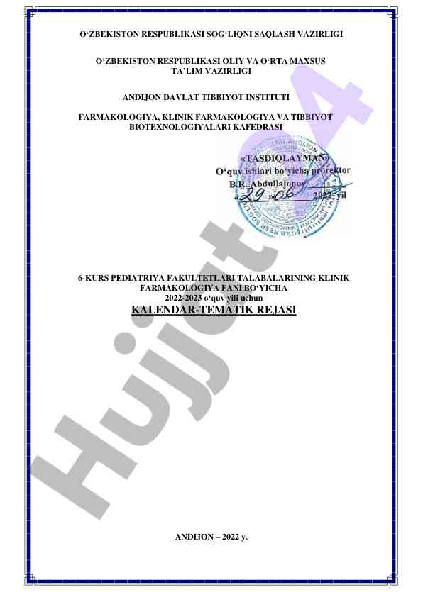 Klinik farmakologiya fani bo‘yicha kalendar-reja