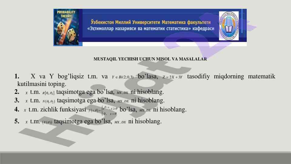 Misol va masalalar bilan mustaqil yechish