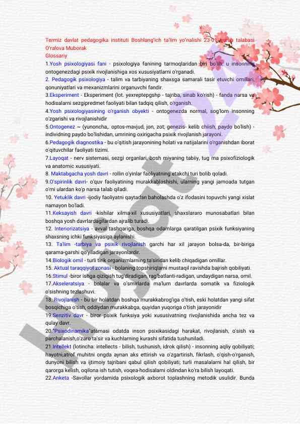 Yosh psixologiyasi va pedagogik psixologiya glossariy