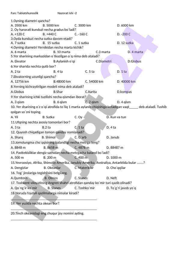 Tabiatshunoslik nazorat ishi - savollar va javoblar