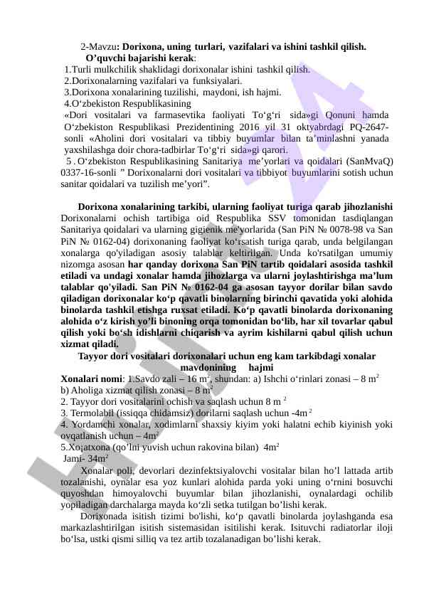 Dorixona turlari vazifalari ishini tashkil qilish
