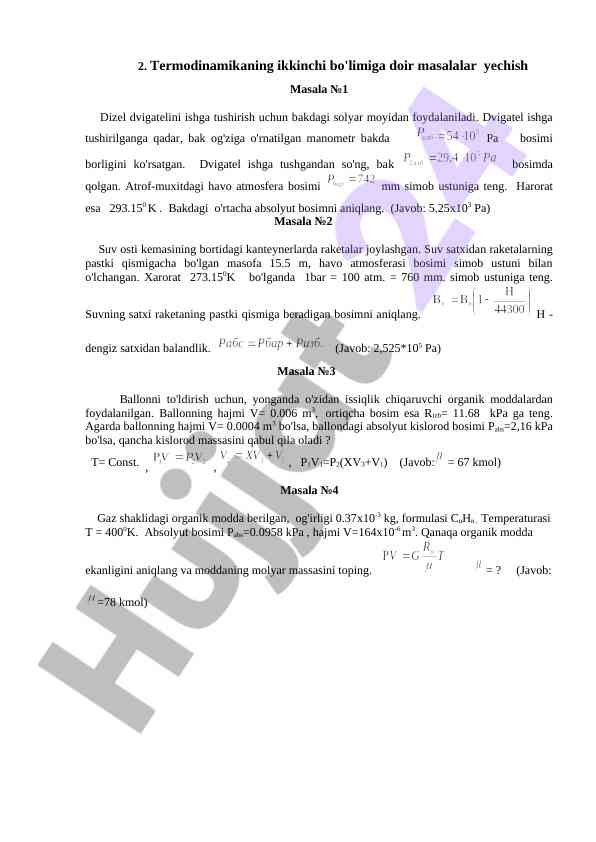 Termodinamika masalalari yechish usullari