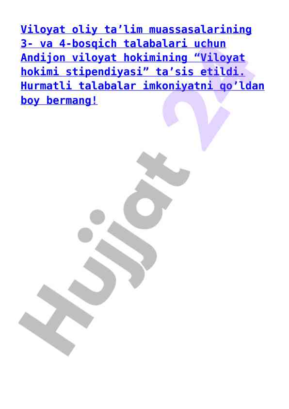 Viloyat hokimi stipendiyasi ta’sisi haqida ma’lumot