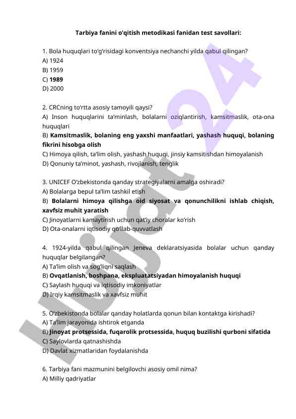 Tarbiya fanini o‘qitish metodikasi test savollari