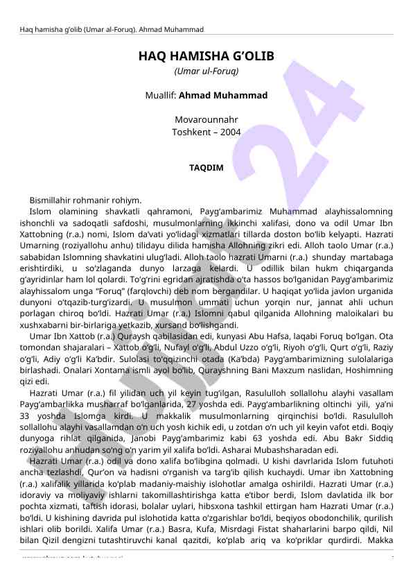 Islom olami qahramoni umar ibn xattob