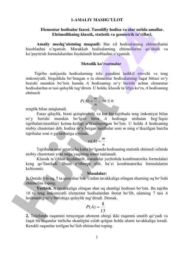 Ehtimollik nazariyasida amaliy mashg’ulotlar