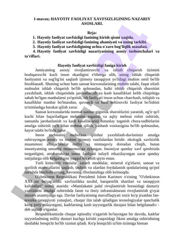 Hayotiy faoliyat xavfsizligi nazariy asoslari