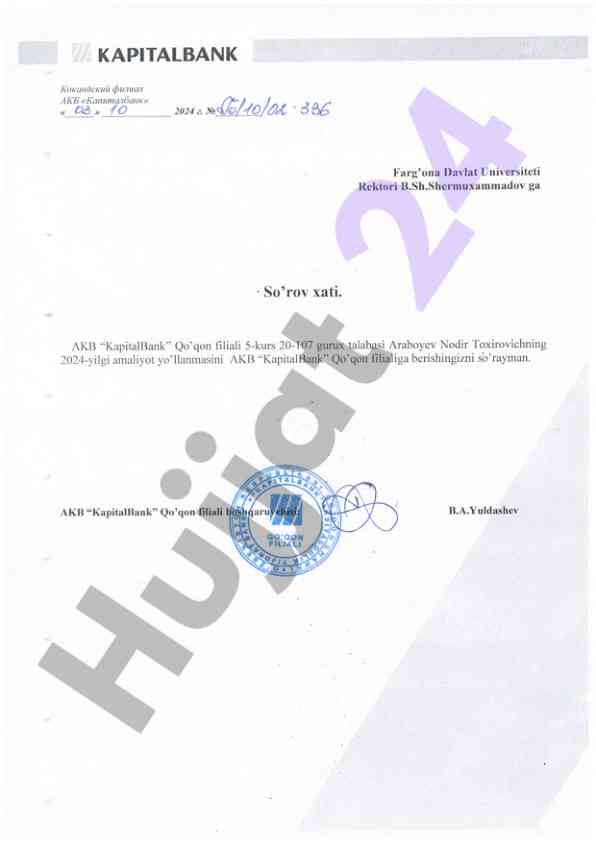 Amaliyot yo'llanmasi kapitalbank qo'qon filiali