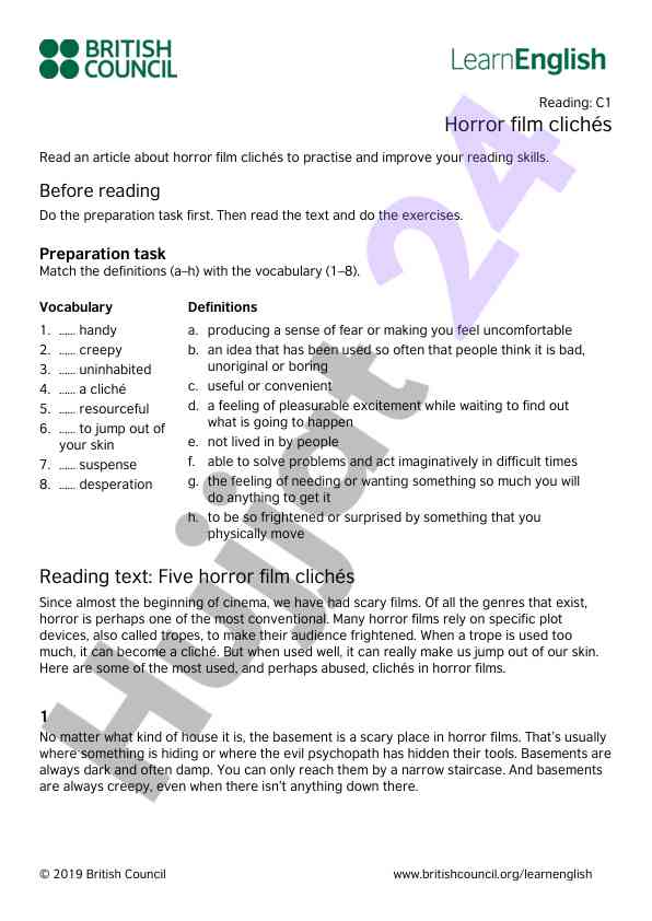 Horror film clichés reading practice guide