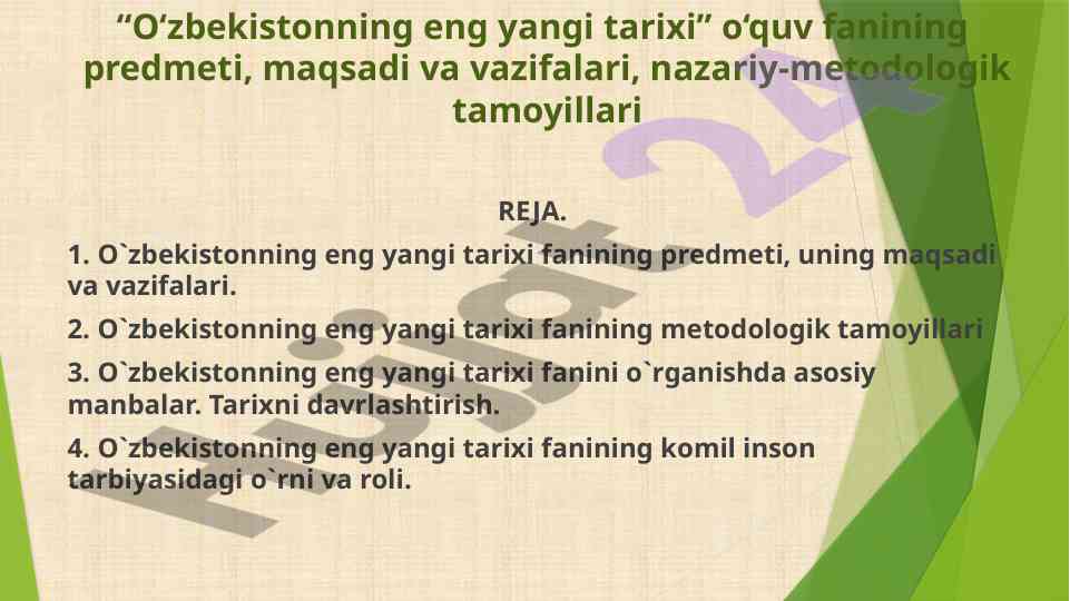 O‘zbekistonning eng yangi tarixi o‘quv fani reja
