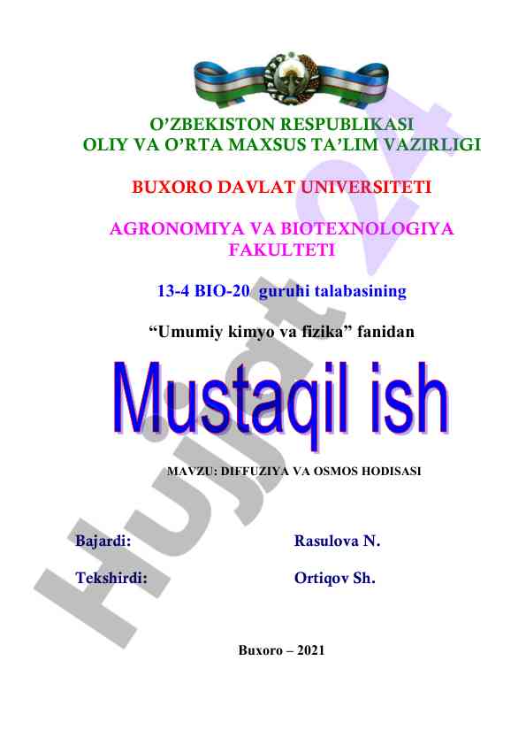 Diffuziya va osmos hodisasi tahlili