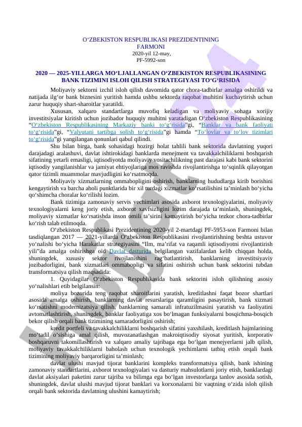 O‘zbekiston bank tizimini isloh qilish strategiyasi