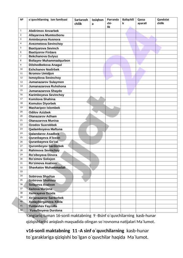 Kasb-hunar qiziqishlarini aniqlash so`rovnomasi