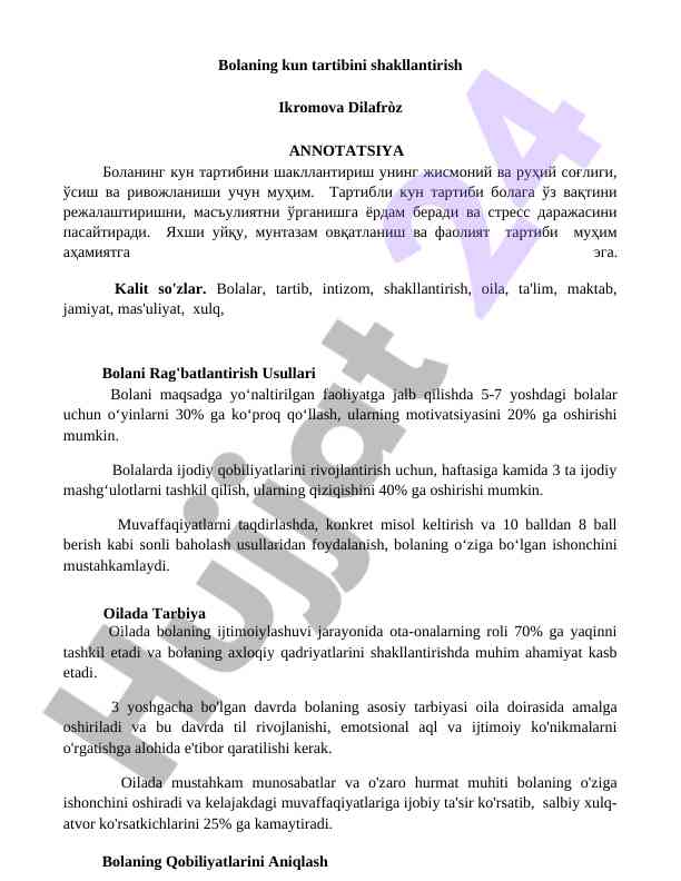 Bolalar kun tartibini shakllantirish va tarbiya