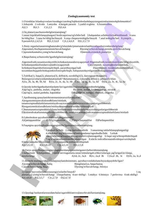Zoologiya umumiy test savollari va javoblari