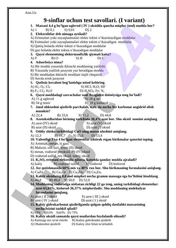 9-sinf talabalari uchun kimyo test savollari