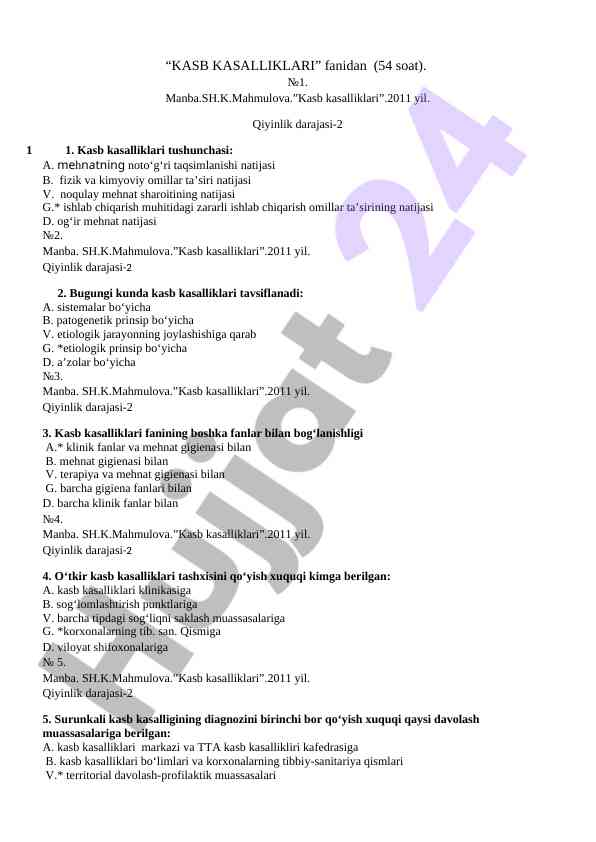 Kasb kasalliklari fanida o‘rganishlar
