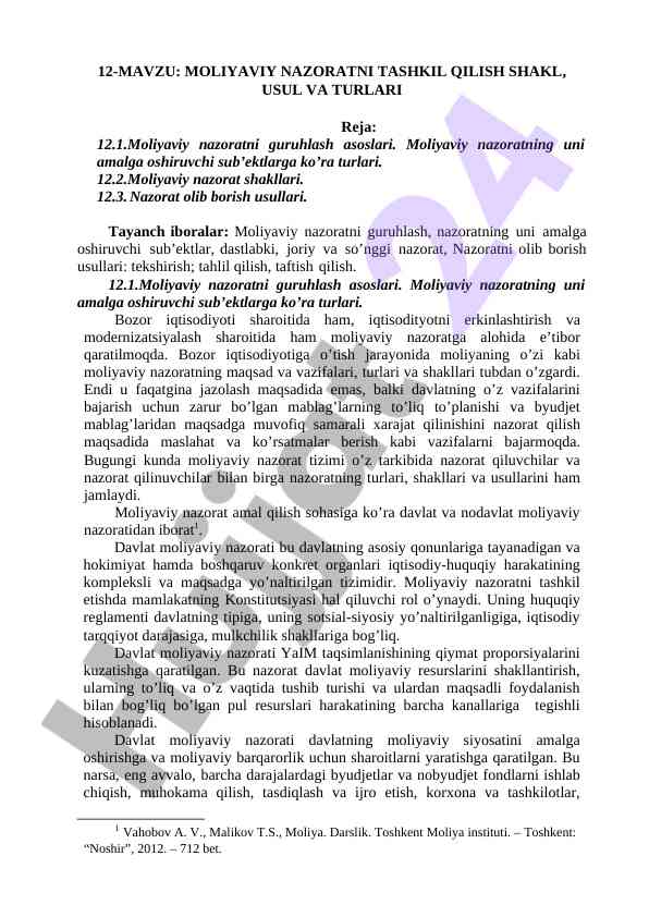 Moliya nazoratini tashkil qilish shakl va usullari