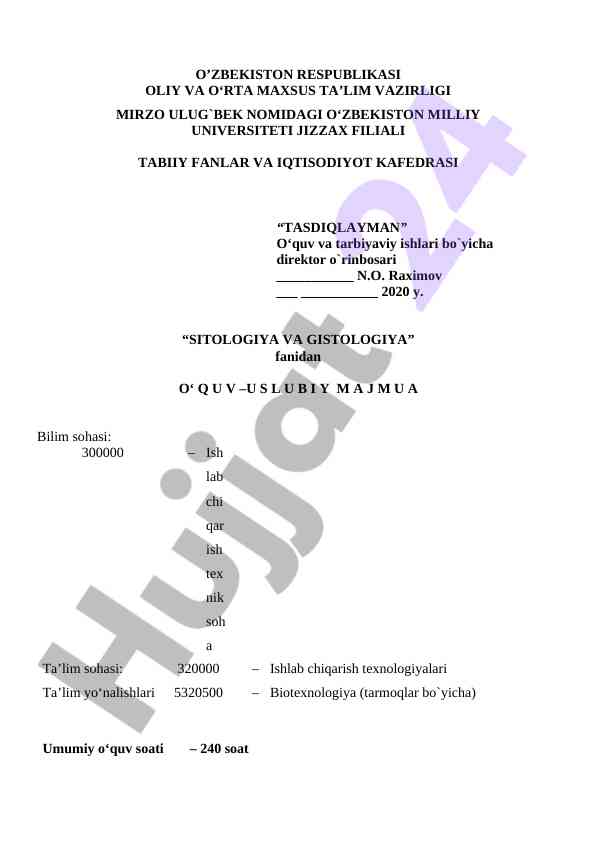 Sitologiya va gistologiya o‘quv-uslubiy majmua