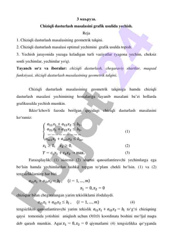 Chiziqli dasturlash masalasini g'rafiga asosan yechish