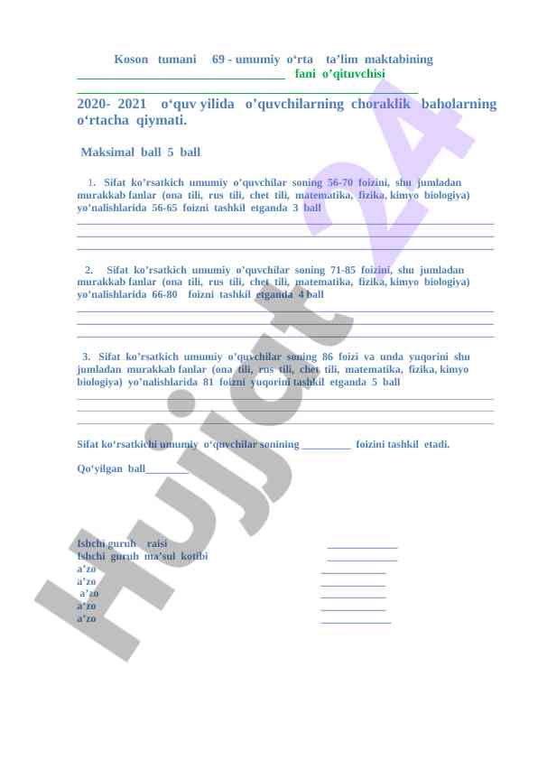 O‘quvchilarning choraklik baholari tahlili 2020-2021