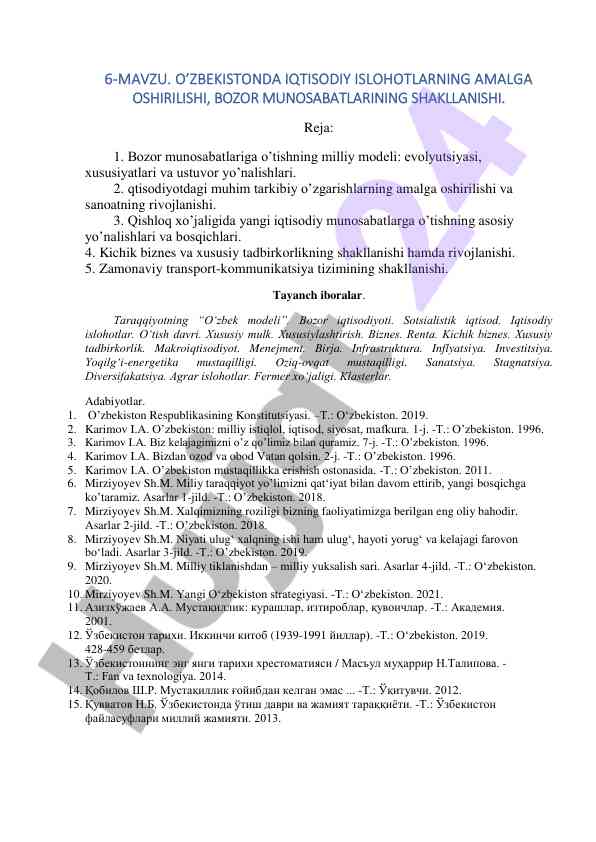 O‘zbekistonda iqtisodiy islohotlarning amalga oshirlishi