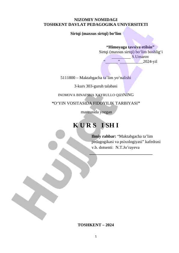 O'yin vositasida fidoyilik tarbiyasi kurs ishlari