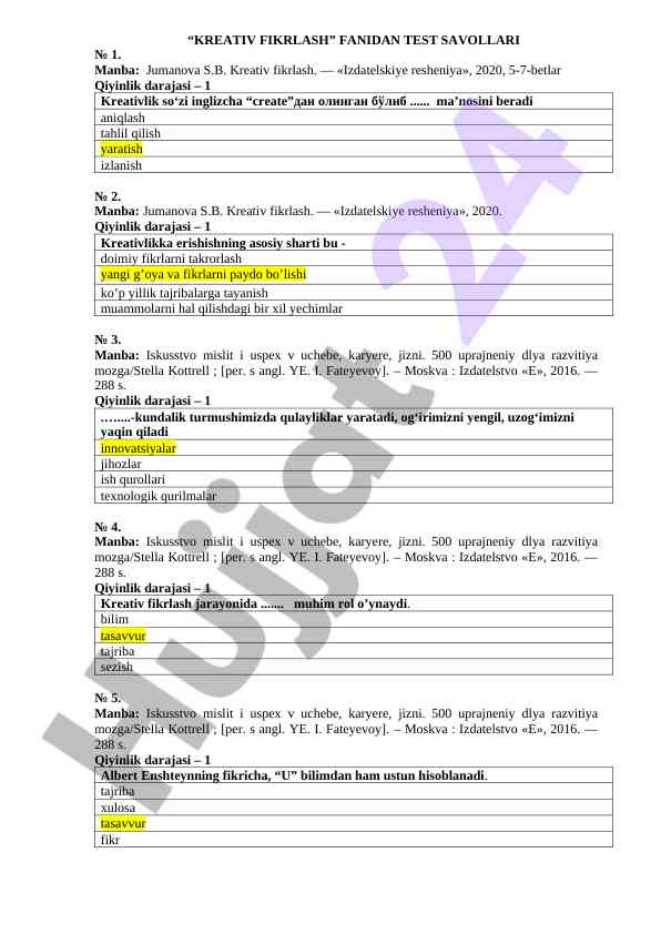 Kreativ fikrlash fanidan test savollari