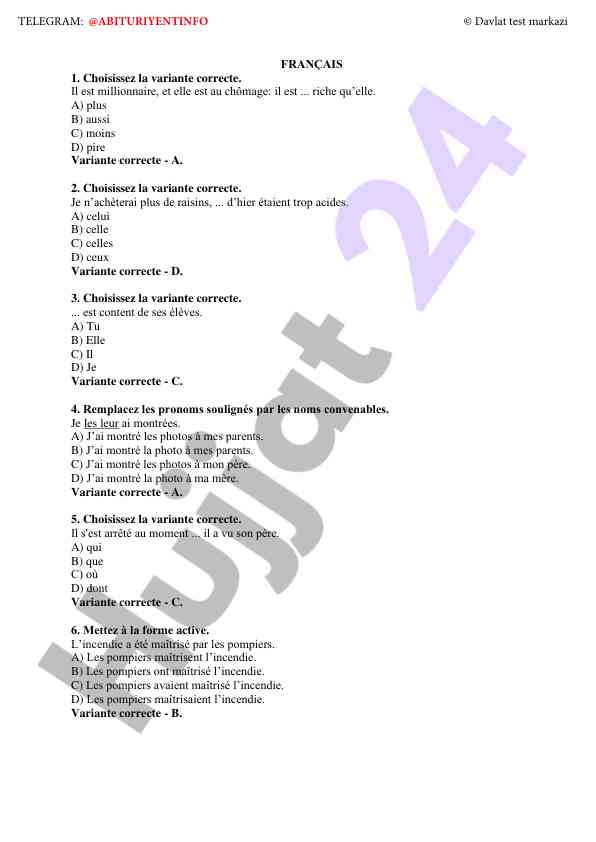 Fransuz tili test savollari