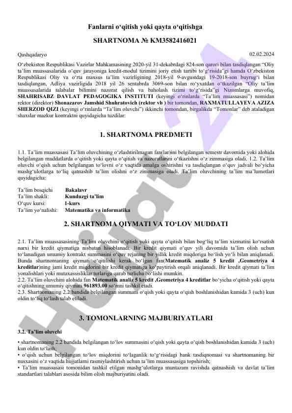 Ta’limda fanlarni o‘qitish shartnomasi taqdimoti