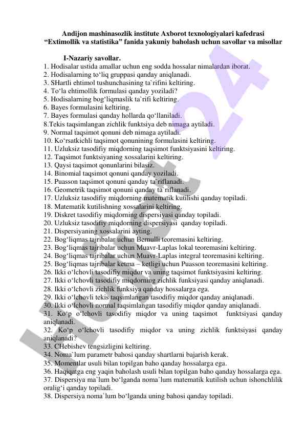 Extimollik va statistika fanida savollar