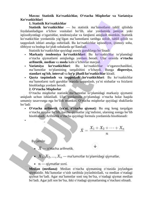 Statistik ko‘rsatkichlar va variatsiya tahlili