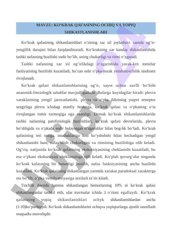 Ko'krak qafasining shikastlanishlari tahlili