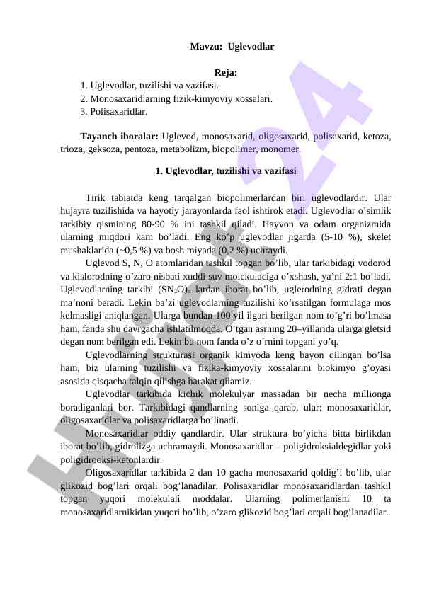 Uglevodlar tuzilishi va vazifalari