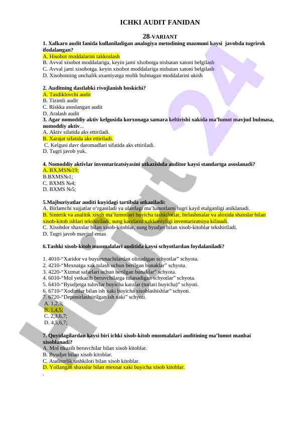 Ichki audit fanidan variantlar bilan savollar