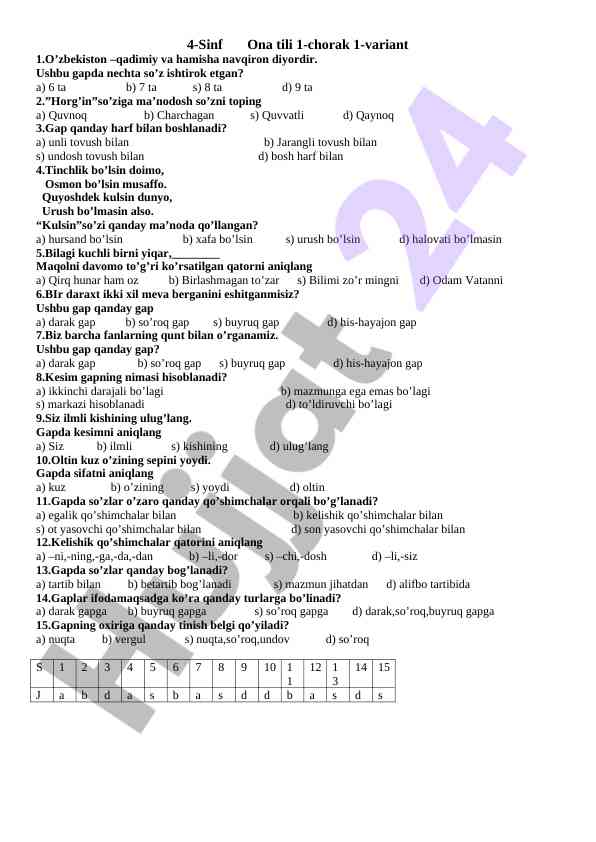4-sinf ona tili 1-chorak test varianti