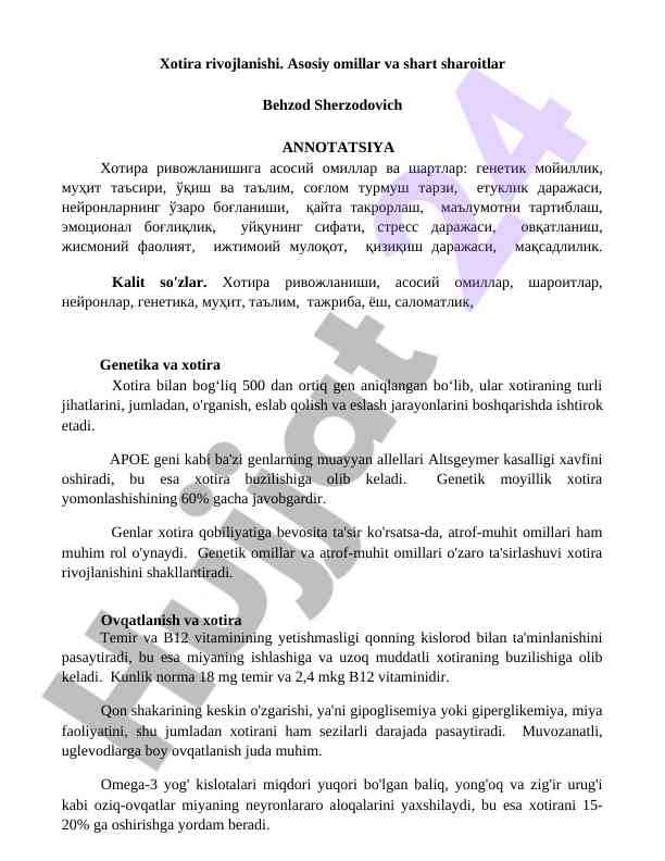 Xotira rivojlanishi asosiy omillar va shart sharoitlar