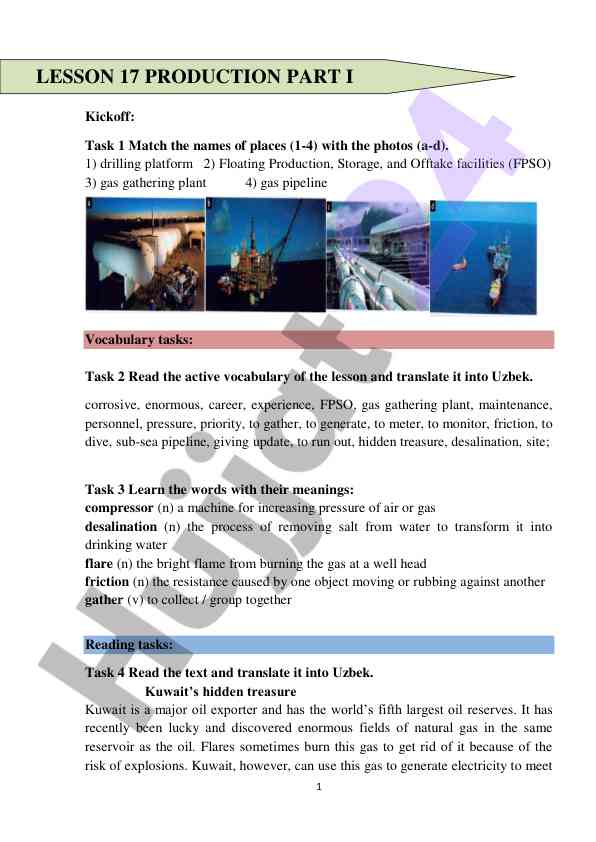 Vocabulary and reading tasks for oil industry