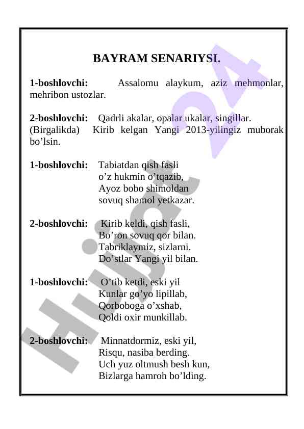Yangi yil bayrami senariysi va muloqot