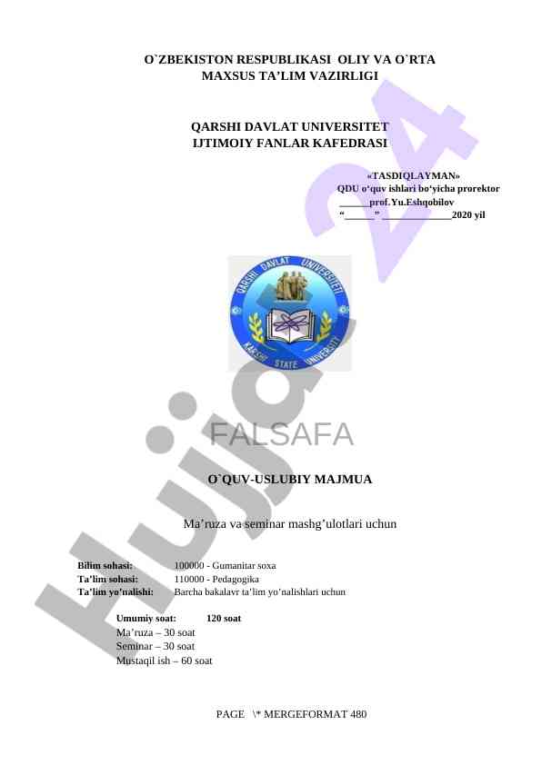 O‘quv-uslubiy majmua: ma’ruza va seminar mashg’ulotlari