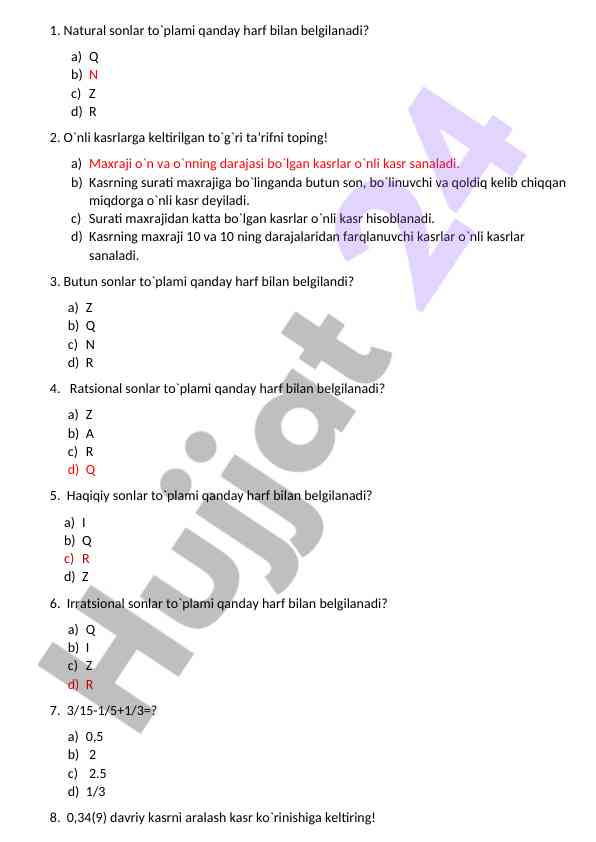 Matematik sonlar to`plamlari va kasrlar