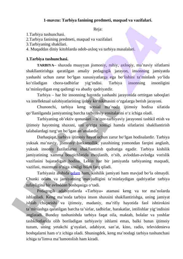 Tarbiya fanining predmeti va vazifalari