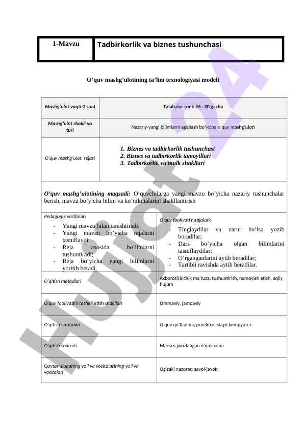 Tadbirkorlik va biznes tushunchalari asoslari