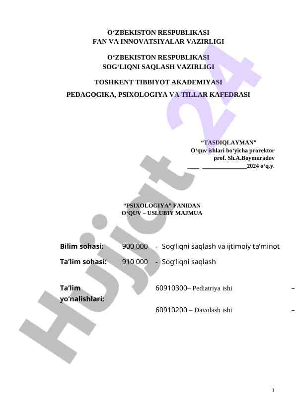 Psixologiya fanidan o‘quv-uslubiy majmua 2024