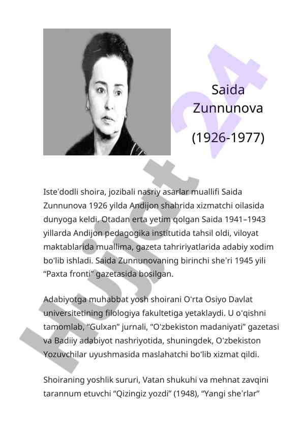 Saida zunnunova: iste'dodli shoira hayoti va asarlari