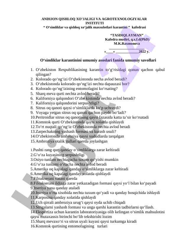 O‘zbekistonda o‘simliklar karantini savollari