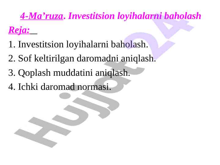 Investitsion loyihalarni baholash va tahlil