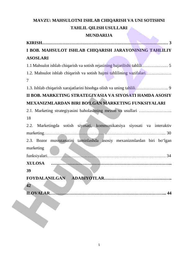 Mahsulot ishlab chiqarish va sotishni tahlil qilish usullari